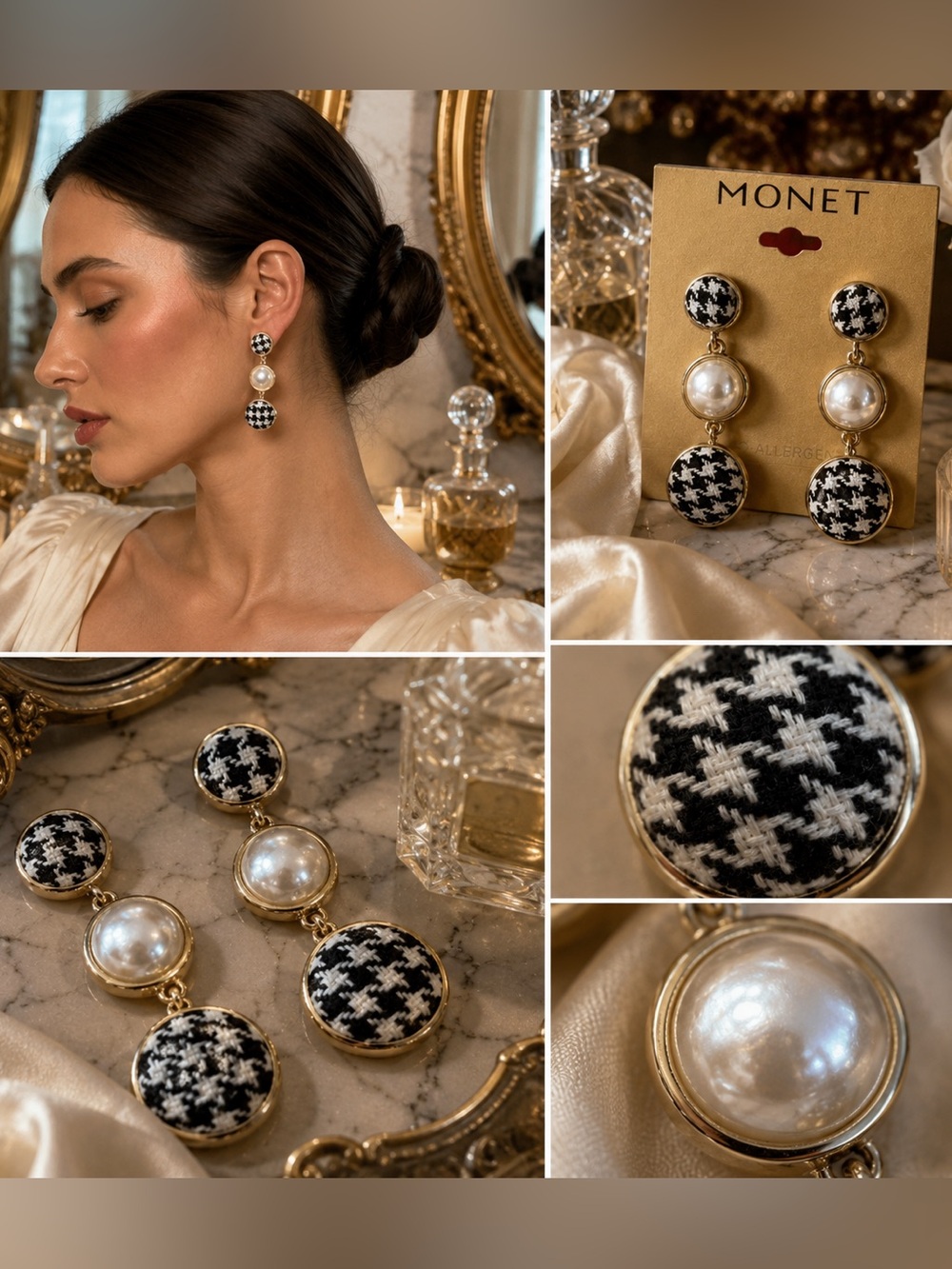 Monet Gold Tone Houndstooth Faux Pearl Drop Earrings NWT